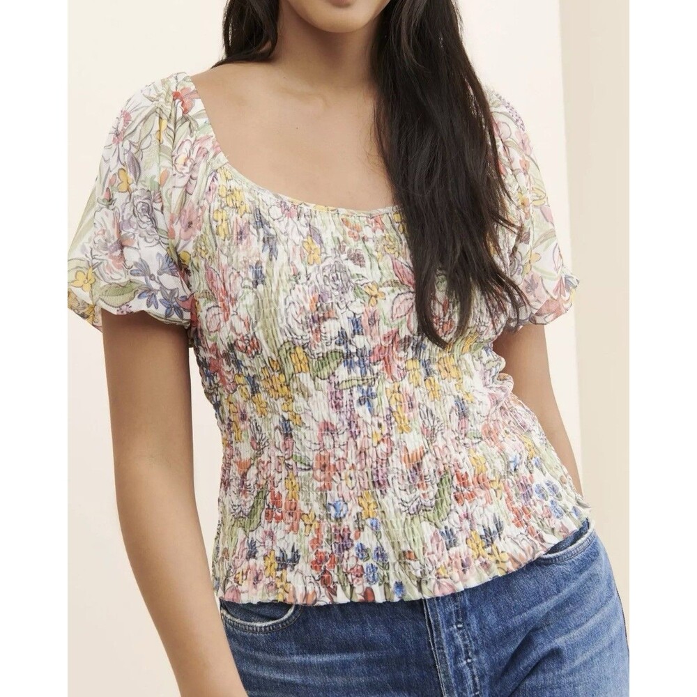 Anthropologie Smocked Top Large Floral Mesh Puff Sleeve Boho Coquette NEW